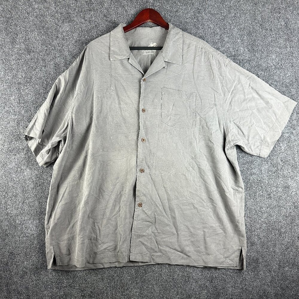 Tommy Bahama Shirt Mens XXL Gray Silk Print Button Up Short Sleeve Pocket